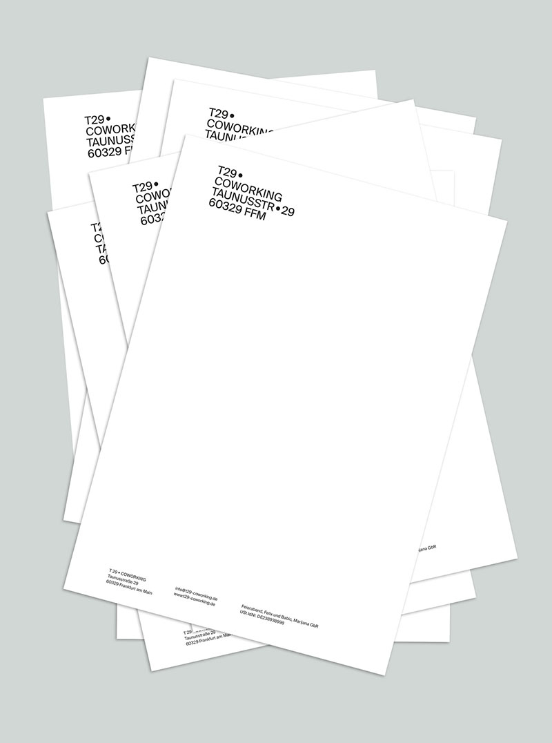Corporate Design für den Coworkingspace T29 Briefpapier für den T29 Coworkingspace