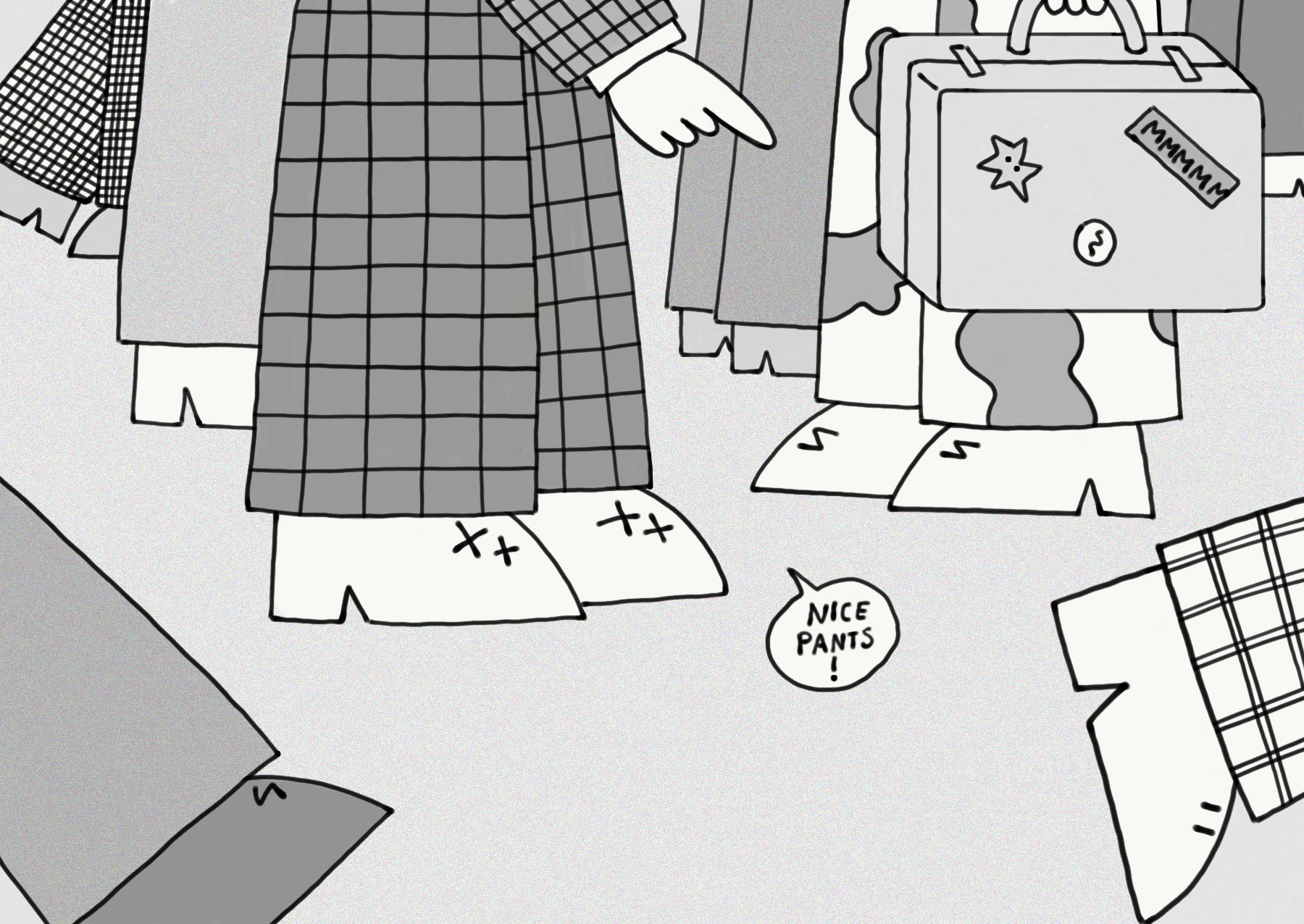 schwarz / wei&szlig; Illustration einer Fu&szlig;g&auml;ngerzone