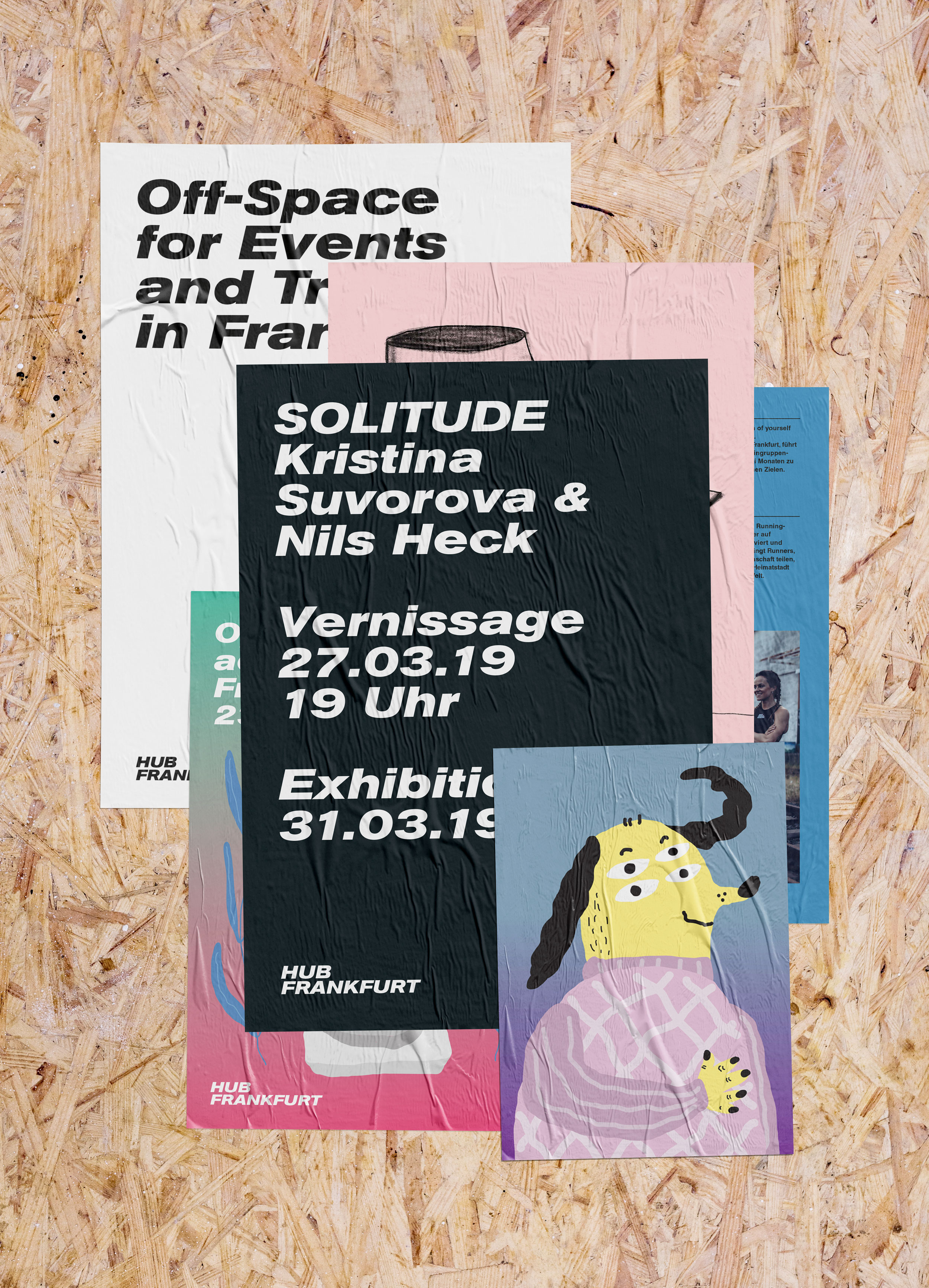 Poster f&uuml;r Veranstaltungen & Ausstellungen des Hub Frankfurt &uuml;bereinandergelagert